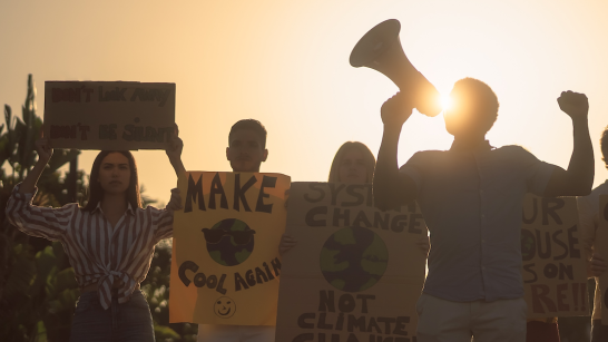 Silhouetted image of climate activists holding protest signs at sunset, embodying the spirit of impactful activism for inclusive EU climate governance.